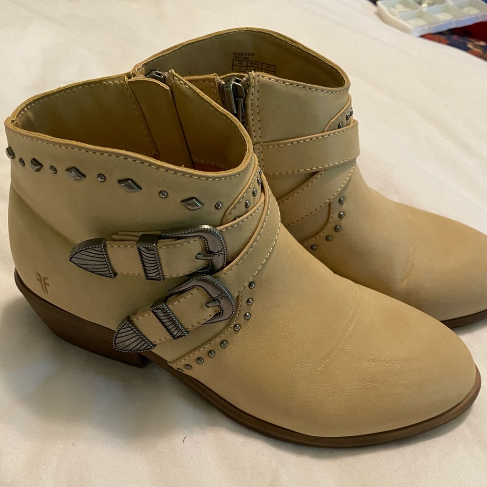 Frye tan studded booties